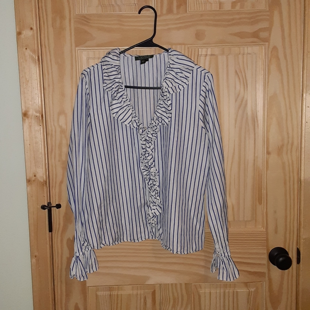 Lauren Ralph Lauren silk Vintage-inspired striped ruffle front shirt size 14